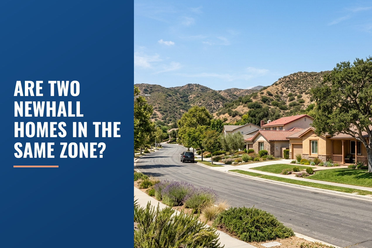 A quiet residential street in Newhall, SCV, with Mediterranean-style homes, native landscaping, and rolling hills in the background.