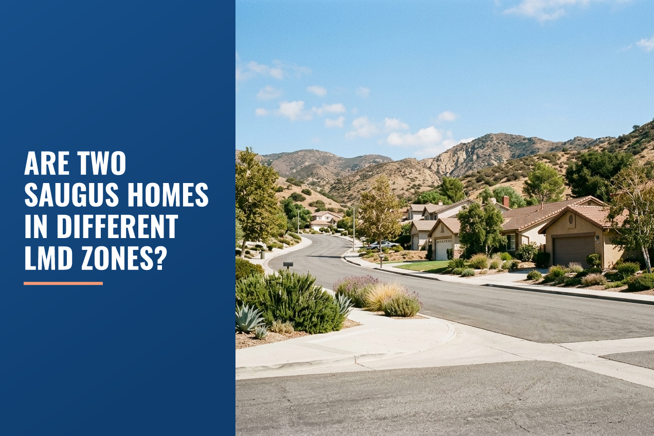 A quiet residential street in Saugus, Santa Clarita Valley, featuring stucco houses, drought-tolerant landscaping, and rolling hills.