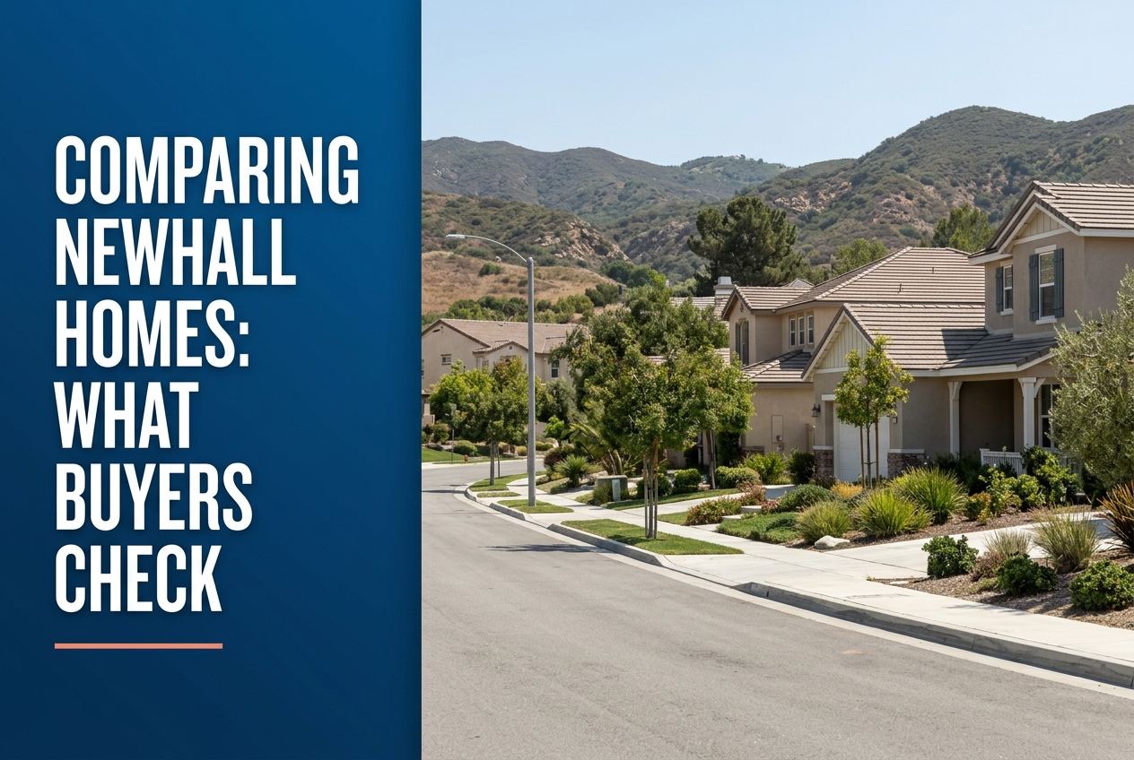 A 3:2 blog cover showing a left blue panel with white text 'COMPARING NEWHALL HOMES: WHAT BUYERS CHECK' and a right photorealistic streetscape.