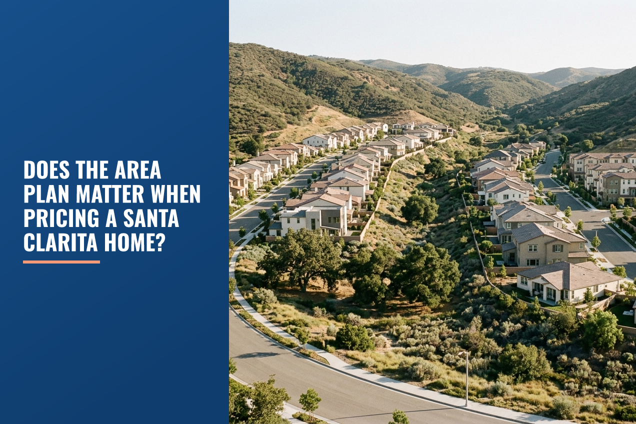 Aerial view of a suburban neighborhood in the Santa Clarita Valley, featuring varied housing, winding streets, and dry, hilly terrain.