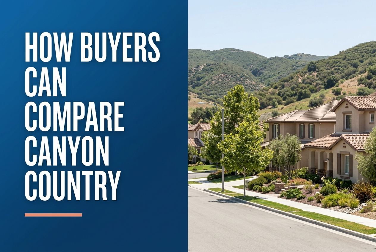 A split-panel design with a deep blue left side featuring white text, and a right side showing suburban homes near hills.