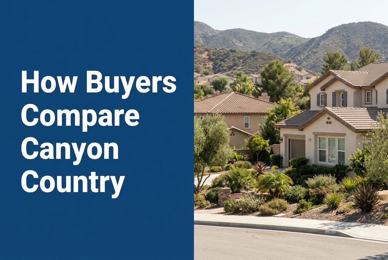 A split-screen editorial image featuring the text 'How Buyers Compare Canyon Country' on a blue background next to suburban homes and hills.