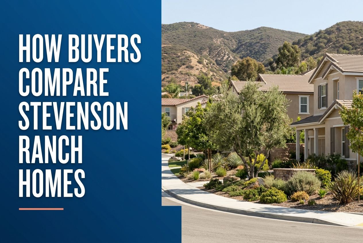 A deep blue panel on the left features the white text 'HOW BUYERS COMPARE STEVENSON RANCH HOMES' over a coral line. The right side shows a suburban street.
