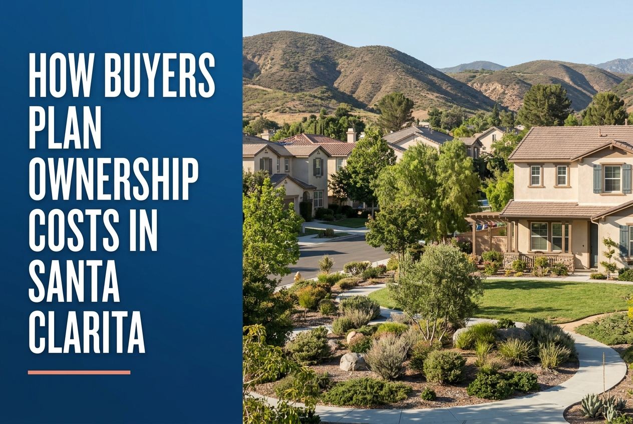 A split-layout blog cover featuring a blue text panel on the left and a photorealistic image of Santa Clarita suburban homes on the right.