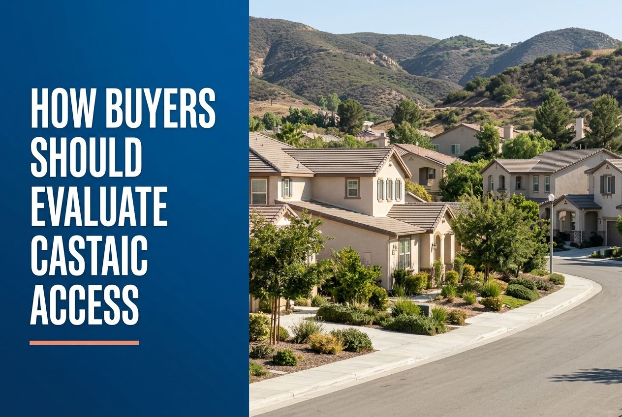 A split-view image with a blue text panel on the left and a photorealistic view of Castaic homes with foothills on the right.