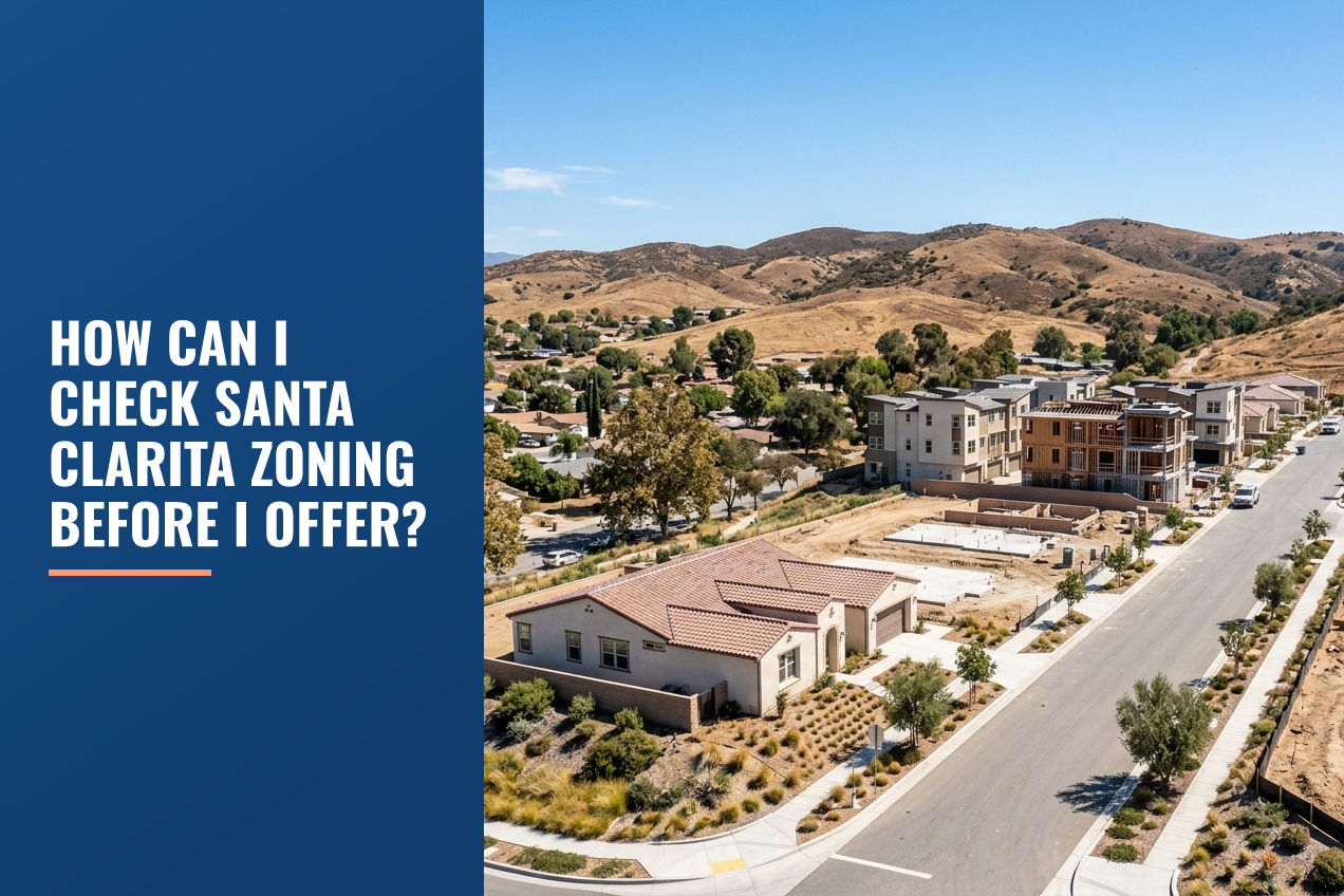 Aerial view of a suburban development in Santa Clarita, showing homes, a construction site, empty lots, and surrounding hills.