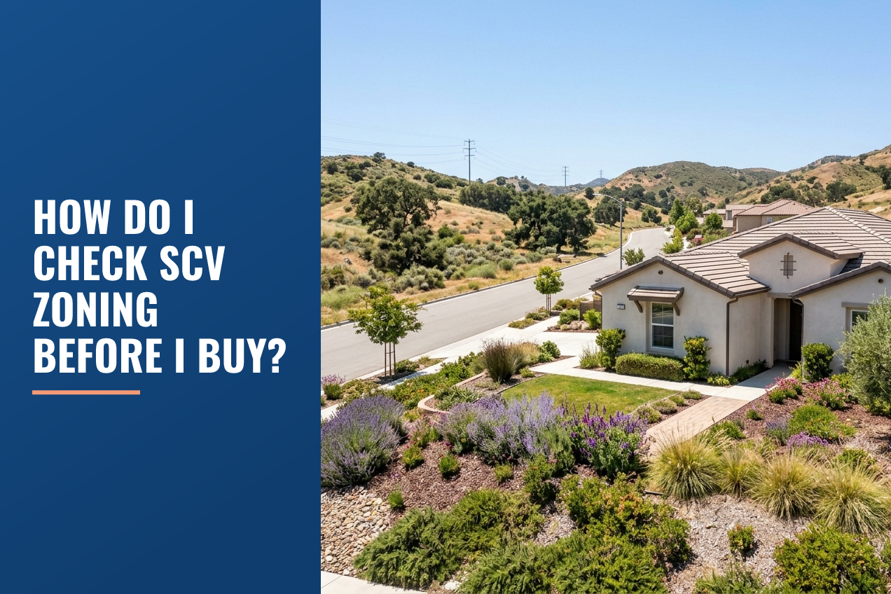 A single-story suburban house in the Santa Clarita Valley with native, drought-tolerant landscaping and hills in the background.