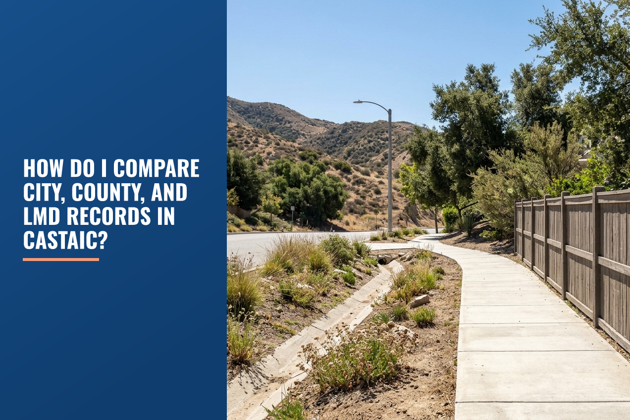 A view of a Castaic sidewalk, concrete drainage channel, wooden fence, native scrub vegetation, and dry foothills under a clear sky.