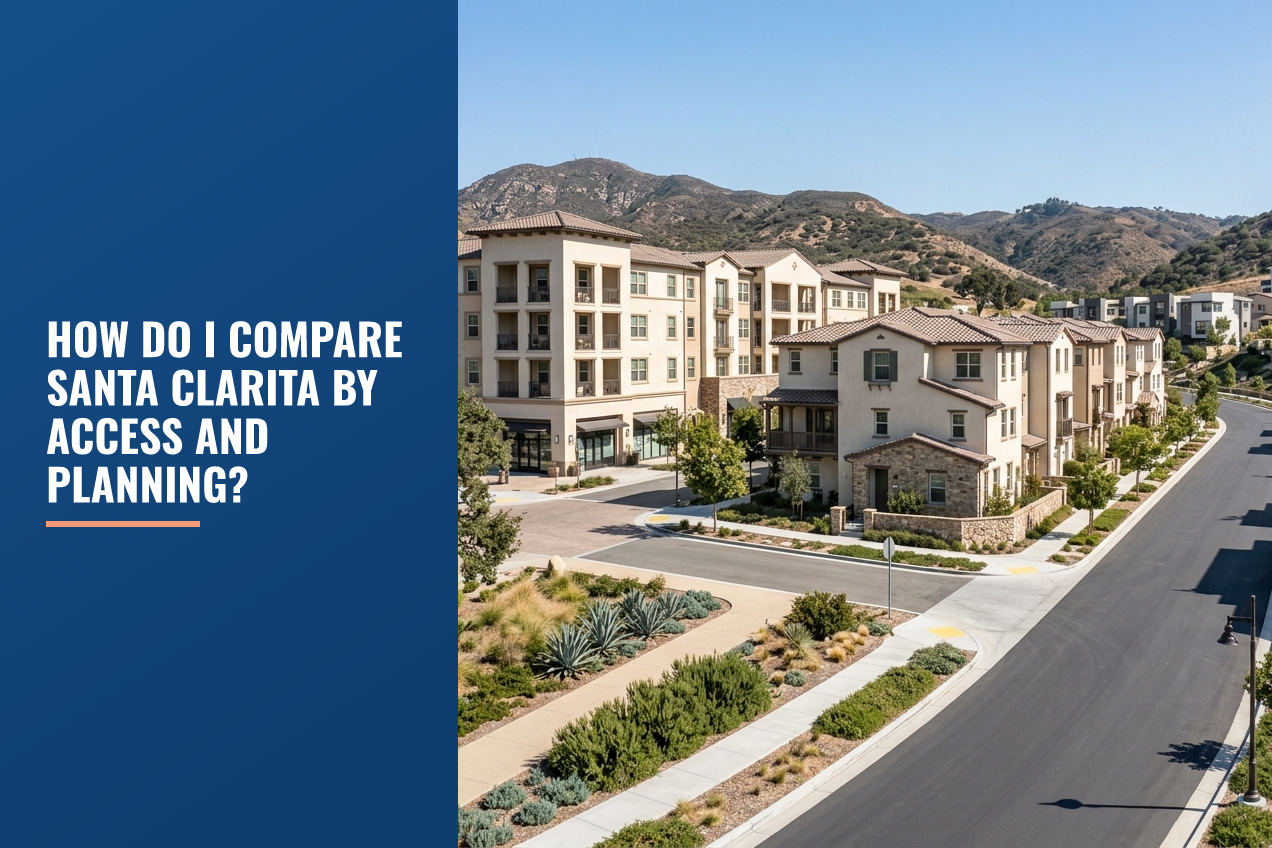 High-angle view of a Southern California planned community with modern multi-story residential buildings, drought-tolerant landscaping and hills.