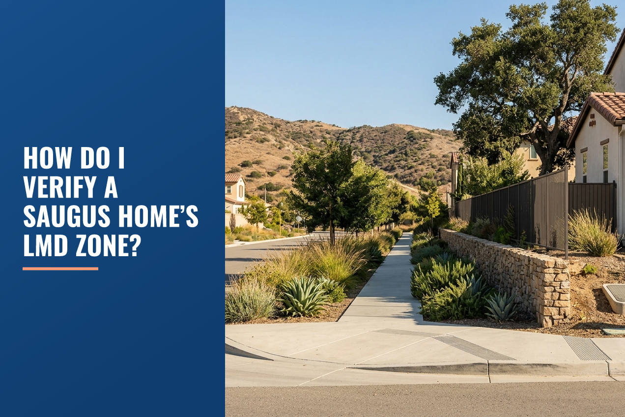 A Saugus residential street with drought-tolerant landscaping, a stone retaining wall, and a utility access point in the foreground.