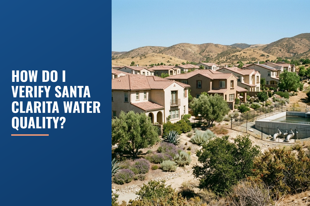 A Santa Clarita Valley neighborhood with Mediterranean-style homes, drought-tolerant landscaping, and a fenced water infrastructure tank.