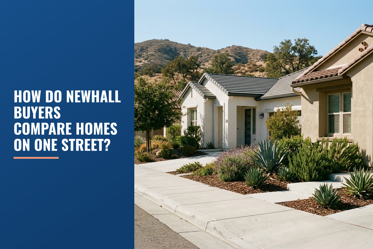 A street in Newhall, California featuring drought-aware landscaping, stucco homes with tile roofs, and rolling brown foothills in the background.
