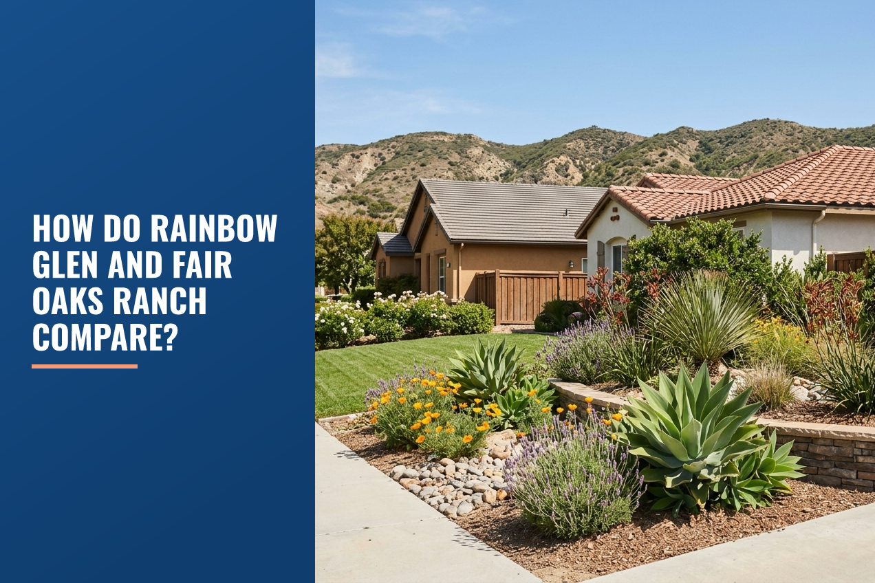 A drought-tolerant residential garden in a Santa Clarita suburb, featuring succulents, native grasses, and tile-roofed houses.