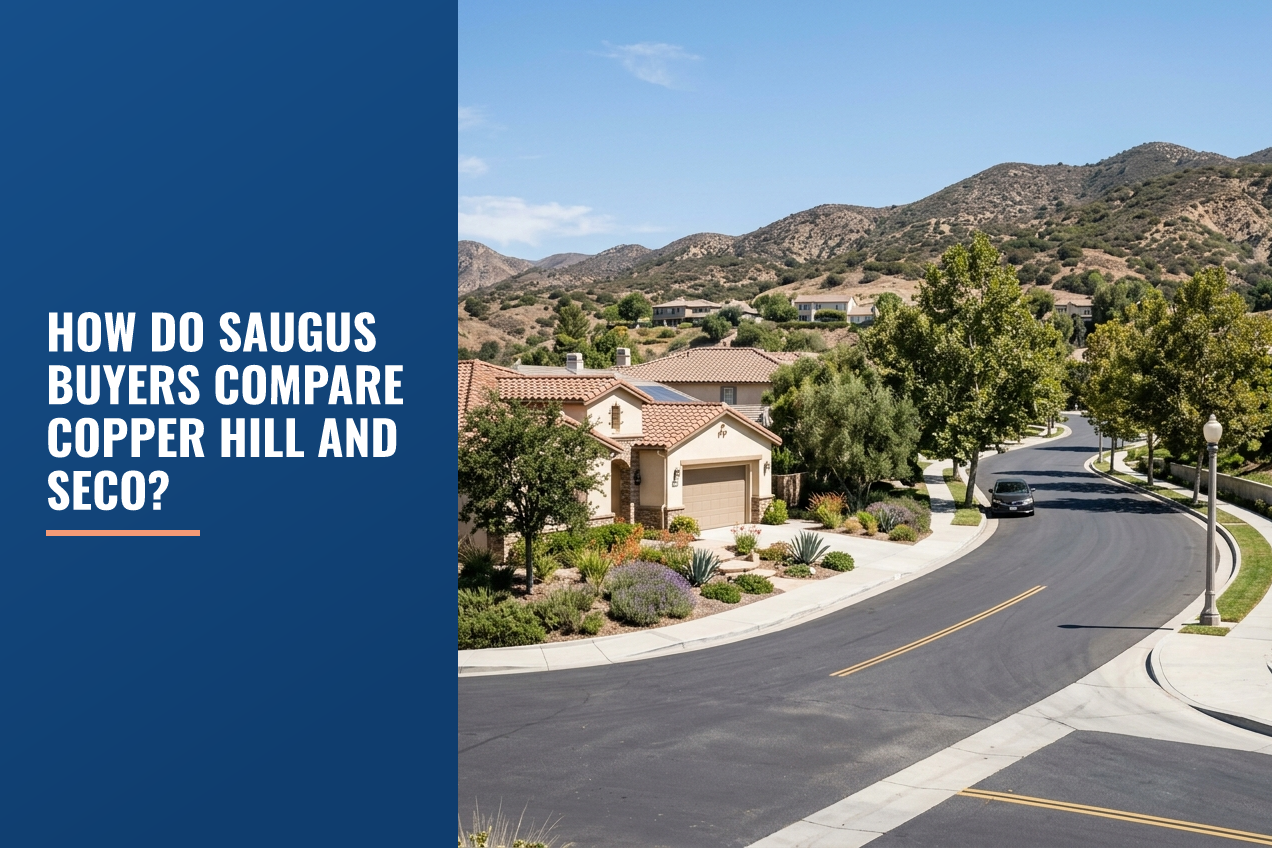 A wide-angle view of a Saugus residential street with tile-roof homes, drought-aware landscaping, and hills in the background under clear sky.