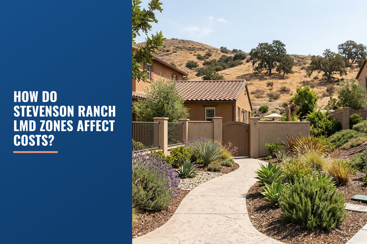 A scenic residential pathway in a Stevenson Ranch neighborhood featuring drought-tolerant landscaping, stucco homes, and rolling hills.