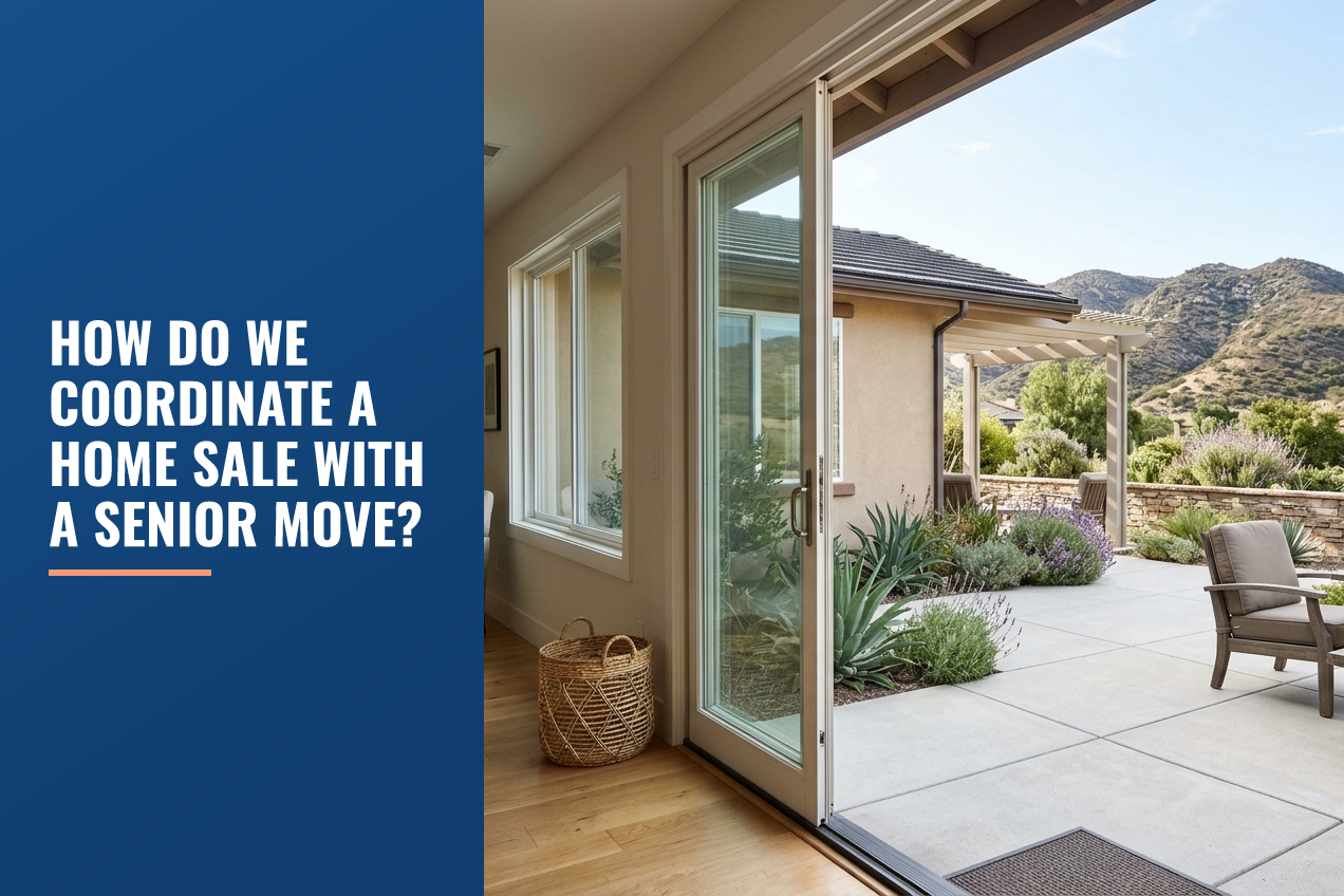 Bright interior view looking through sliding glass doors to a Southern California patio with drought-tolerant landscaping and hills.