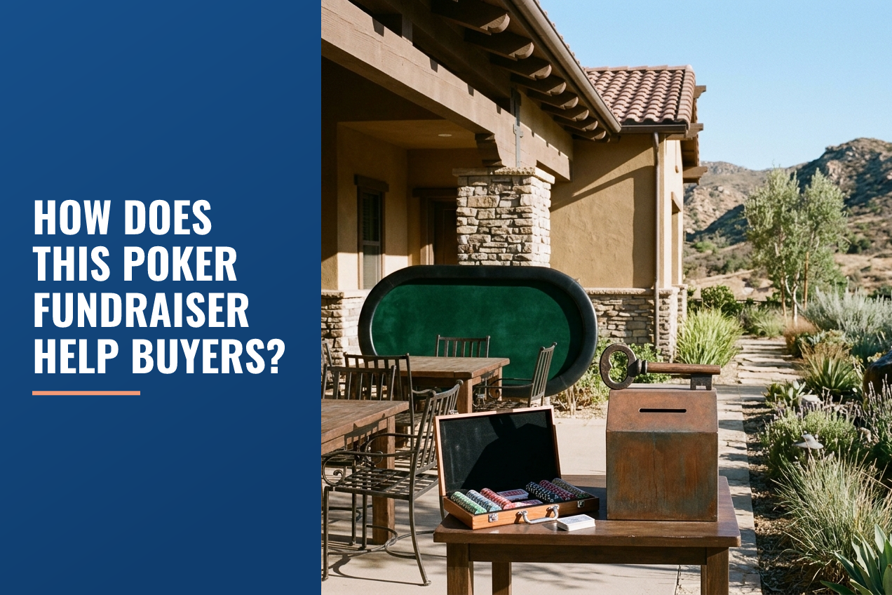 Outdoor poker setup on a Southern California patio with drought-tolerant landscaping and foothills in the background.