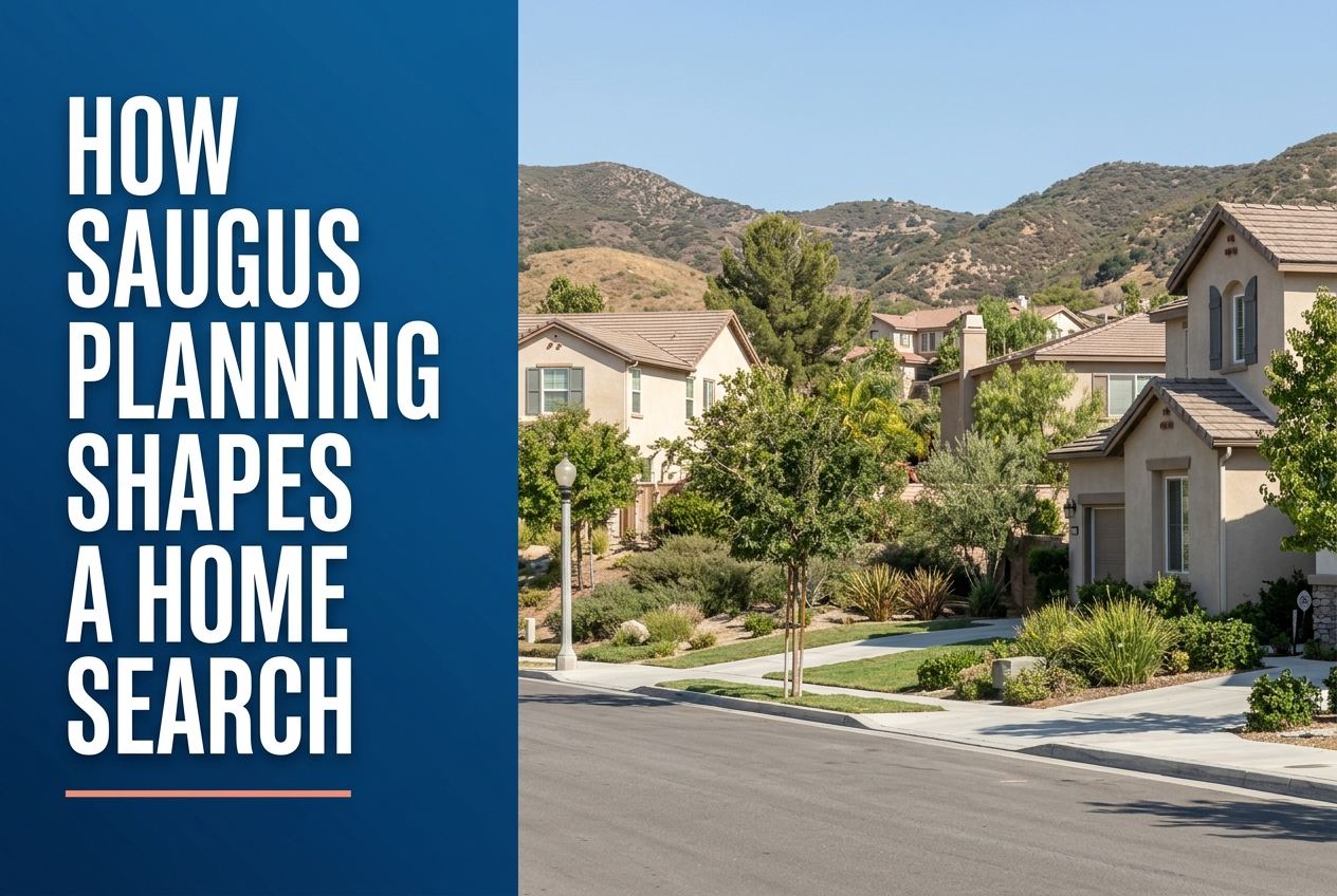 A horizontal image split with a deep blue panel on the left containing bold white text and a coral line, next to a Saugus residential streetscape.