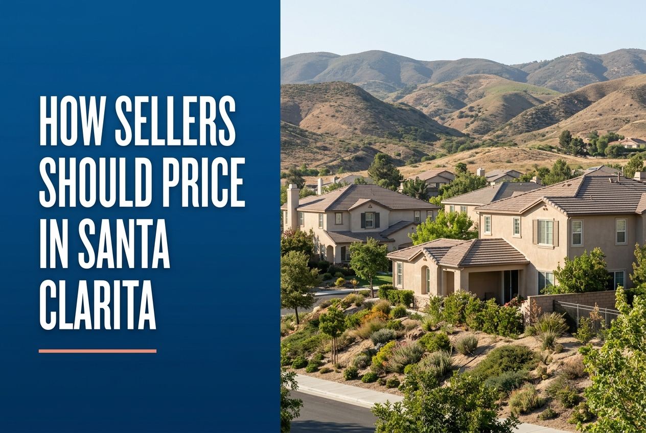 A split-panel design with deep blue on the left and a photorealistic residential neighborhood in Santa Clarita on the right.