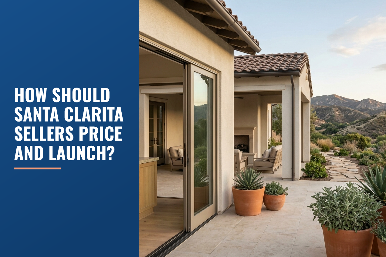 A photorealistic transition from a kitchen to a patio with drought-tolerant landscaping and views of rolling Southern California hills.