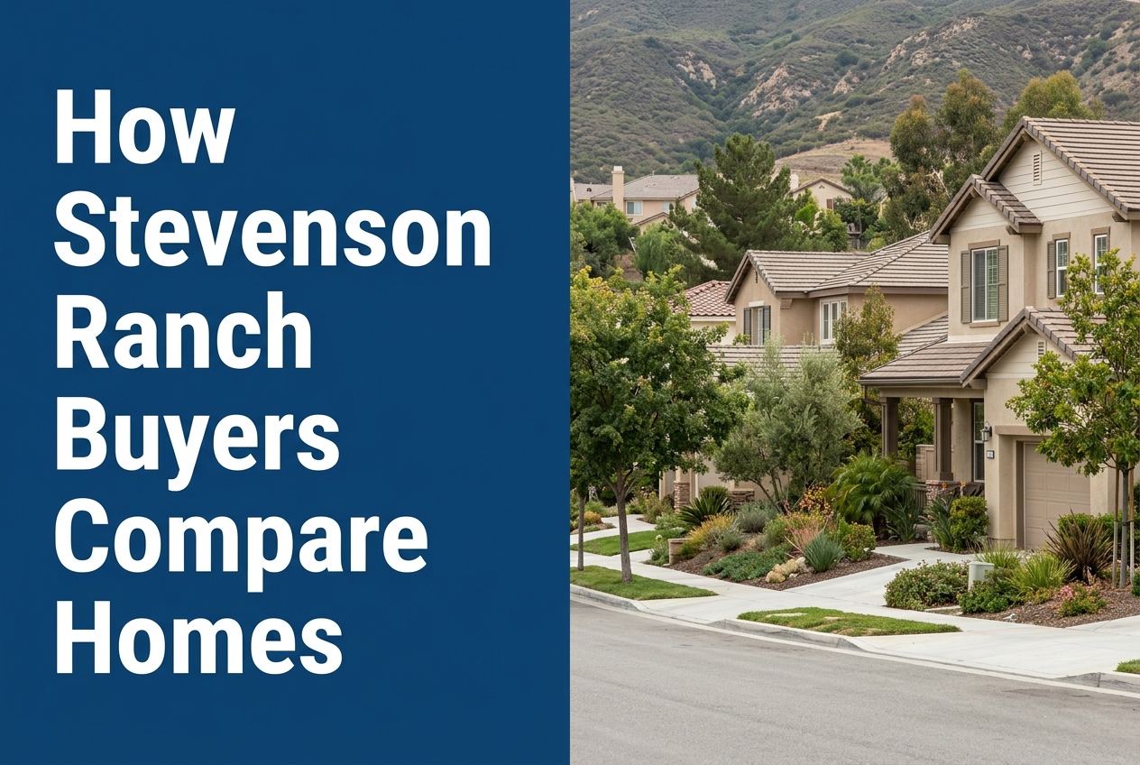 A split-view image with blue text on the left and a photorealistic suburban neighborhood with hillside terrain on the right.