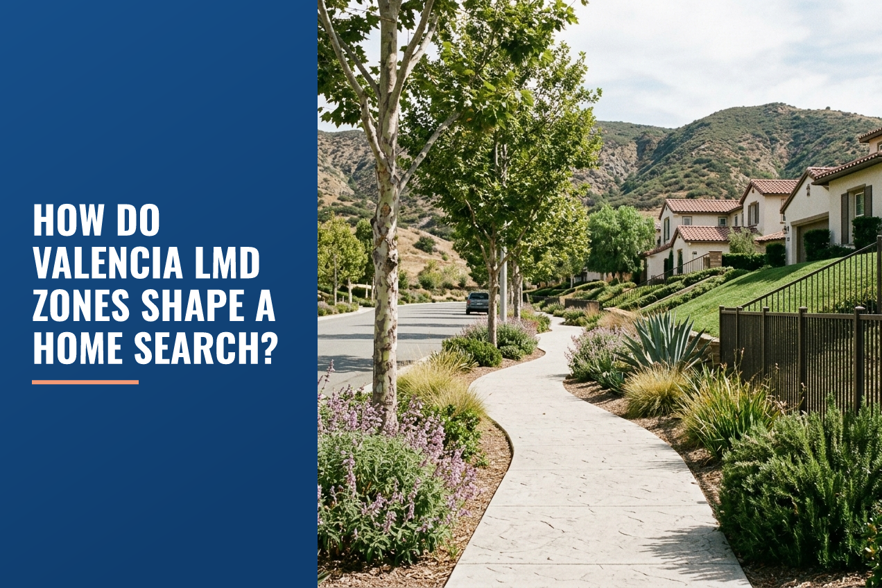 A scenic neighborhood street in Santa Clarita with drought-tolerant landscaping, a winding sidewalk, and foothills in the background.