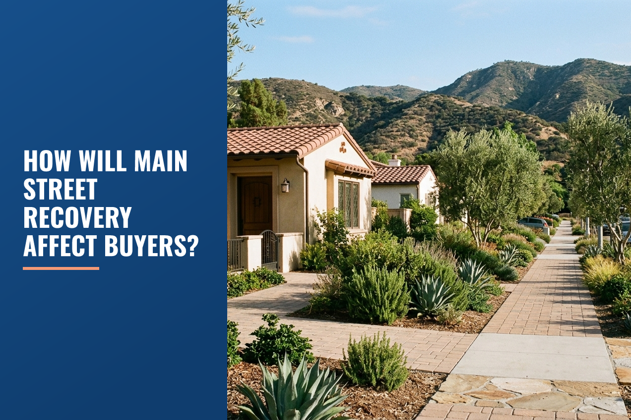 A street scene in Santa Clarita with Spanish-style architecture, drought-tolerant landscaping, a stone walkway, and distant foothills.