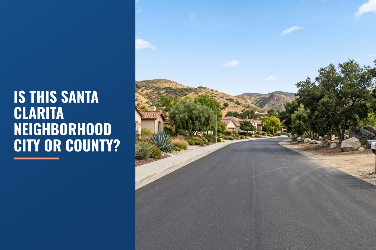 A suburban street in the Santa Clarita Valley with native hills, drought-aware landscaping, stucco homes, and a row of mailboxes.