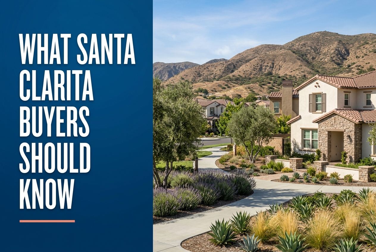 A deep blue panel with white text reads What Santa Clarita Buyers Should Know, alongside a photo of a home in Santa Clarita with foothills.