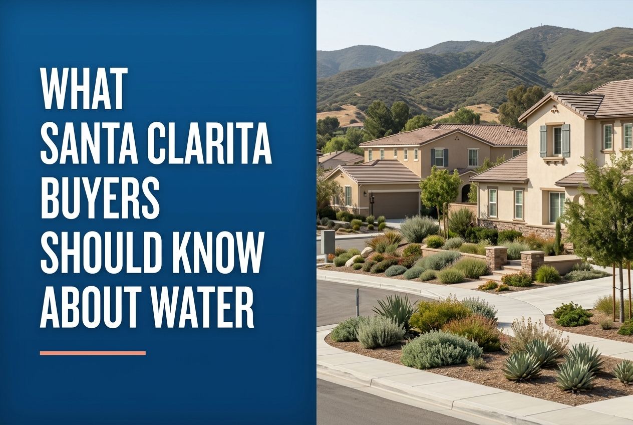 A split cover image with a blue text panel on the left and a residential Santa Clarita street with drought-tolerant landscaping on the right.