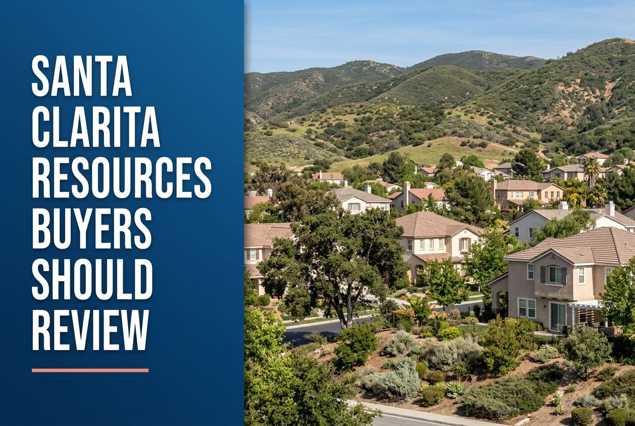 A deep blue panel with white text reads 'Santa Clarita Resources Buyers Should Review' over a view of Santa Clarita suburban hills and homes.