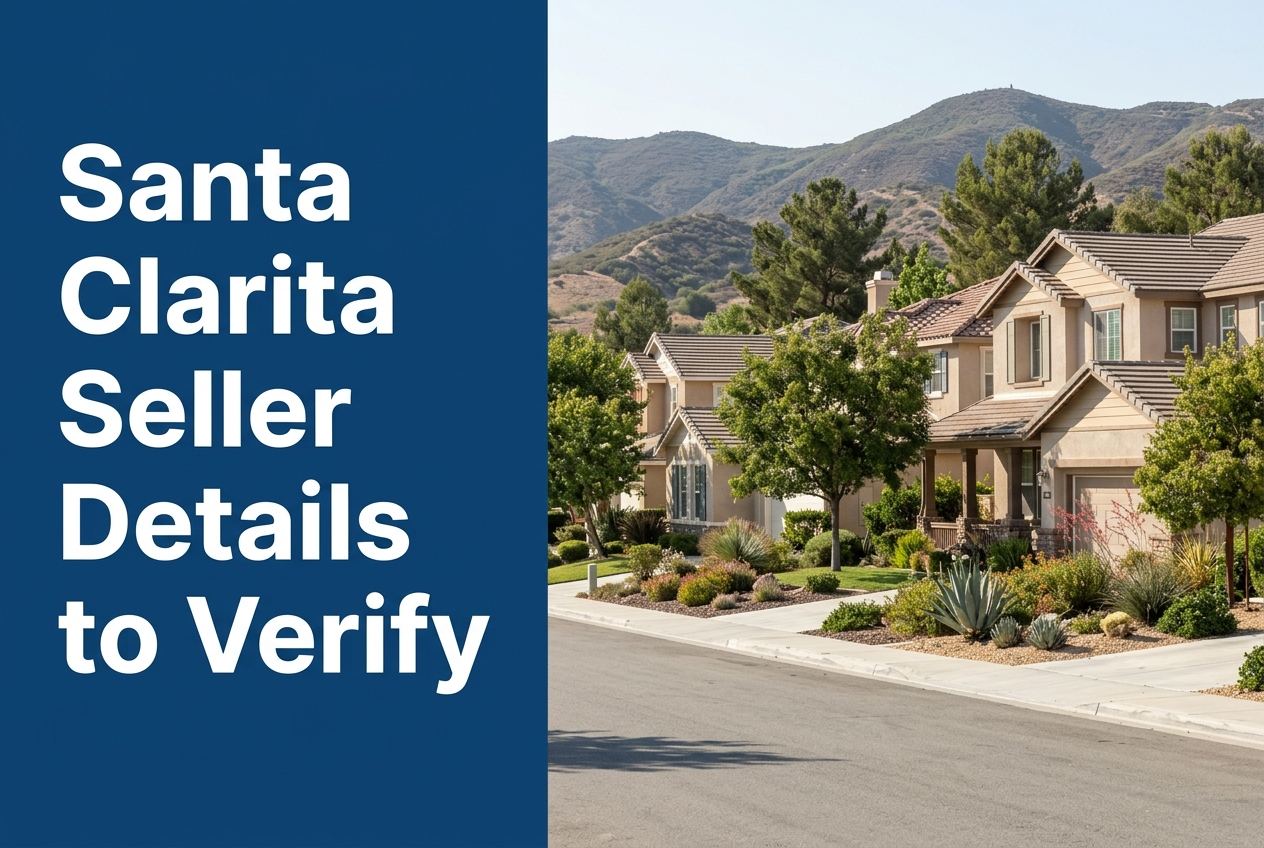 A split-view image with blue text on the left reading Santa Clarita Seller Details to Verify and suburban homes with foothills on the right.