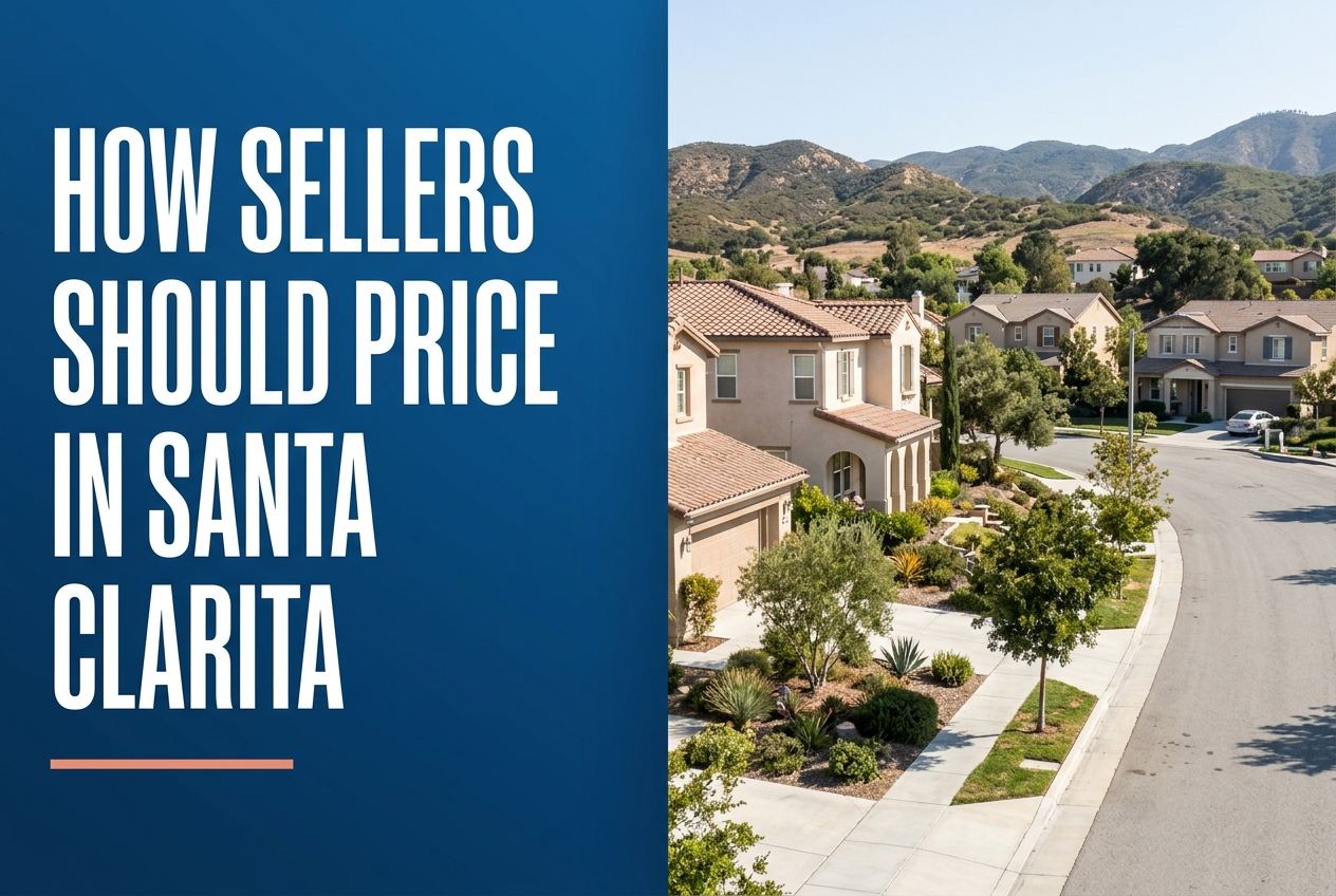 A split-layout blog cover featuring a blue text panel on the left and a photo of suburban Santa Clarita homes with hills on the right.