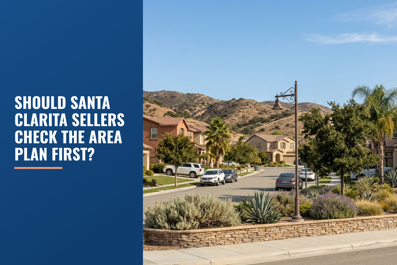 A quiet residential street in Santa Clarita with drought-tolerant landscaping, parked cars, and native foothills in the background.