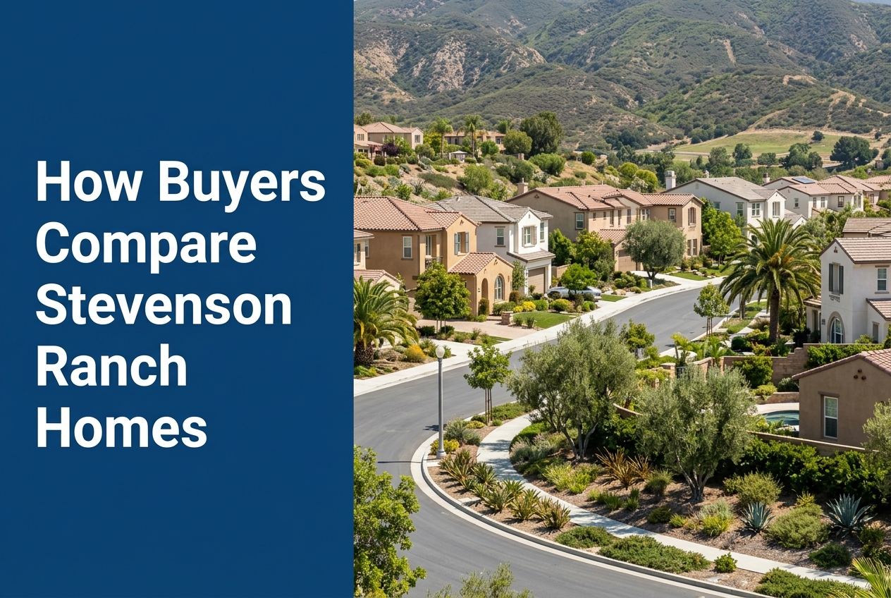 A split-layout blog cover featuring a blue text panel on the left and a photorealistic view of a California suburban neighborhood on the right.