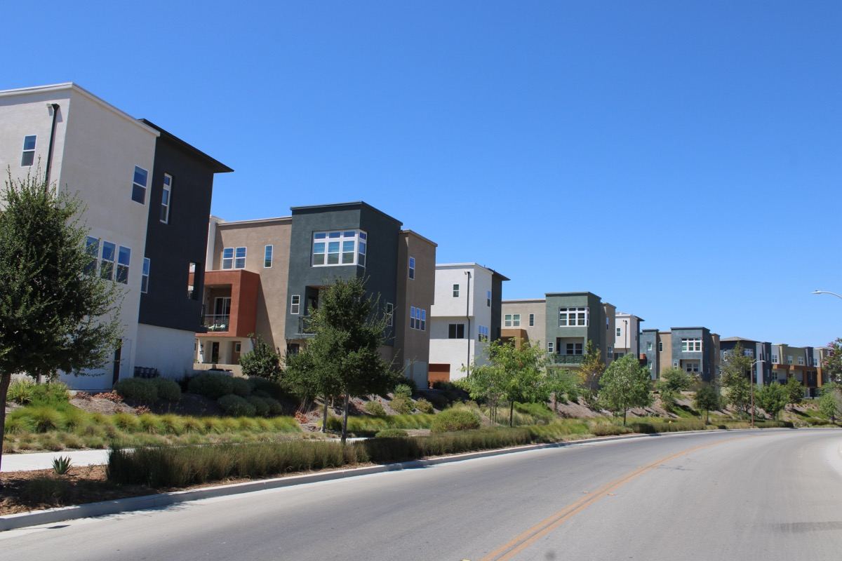 Modern townhomes at Valencia Five Points, part of the FivePoint Valencia development in Santa Clarita