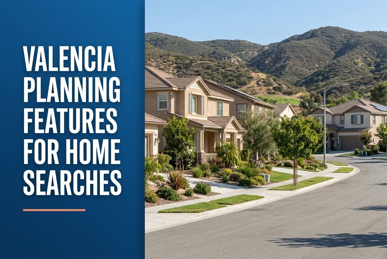 A split-view image with a dark blue left panel featuring white text and a coral line, and a right panel showing California suburban homes.