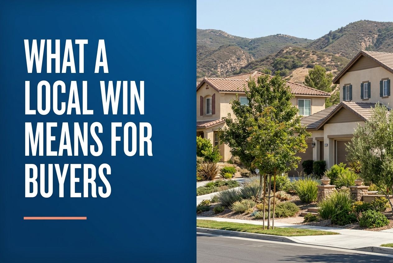 A split-layout graphic featuring the title in white sans-serif text on a blue background left panel, and a Santa Clarita suburb scene on the right.