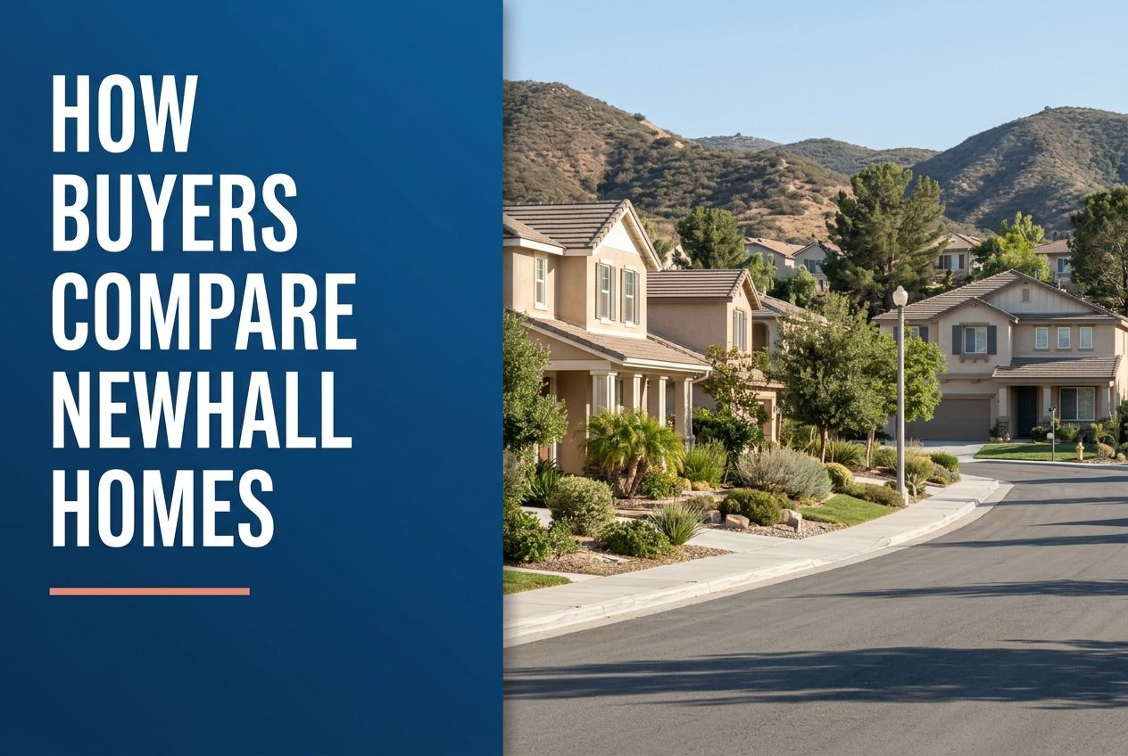 A deep blue left panel with white text titled How Buyers Compare Newhall Homes above a coral line; right side shows suburban homes near hills.