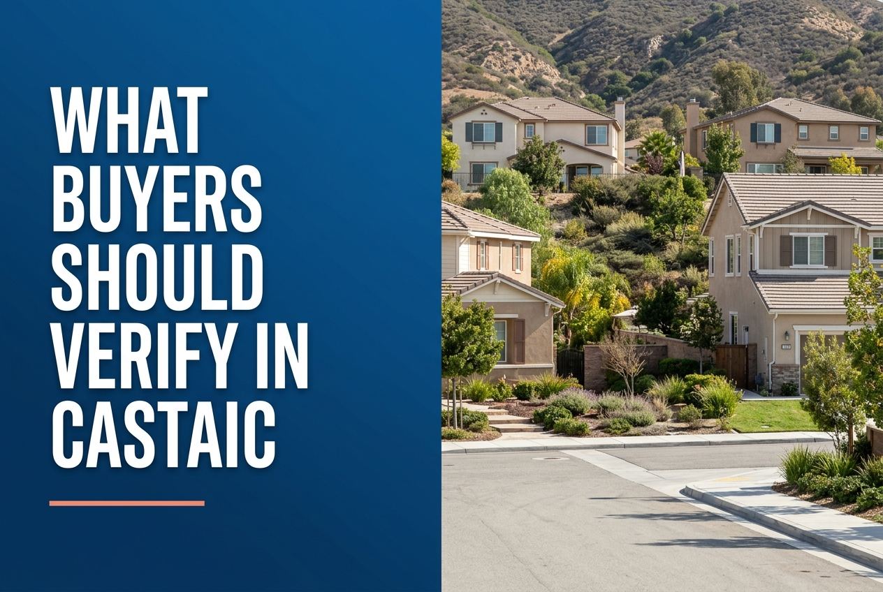 A split-layout blog cover with a blue left panel containing white text about Castaic and a right panel showing California suburban homes.