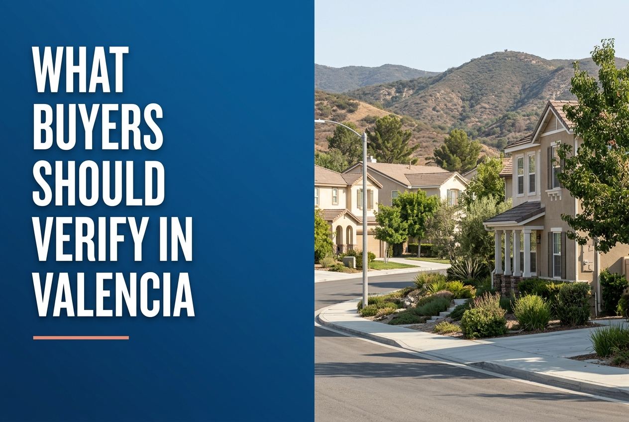A split-panel editorial graphic featuring a deep blue left side with white text 'WHAT BUYERS SHOULD VERIFY IN VALENCIA' over a coral line.