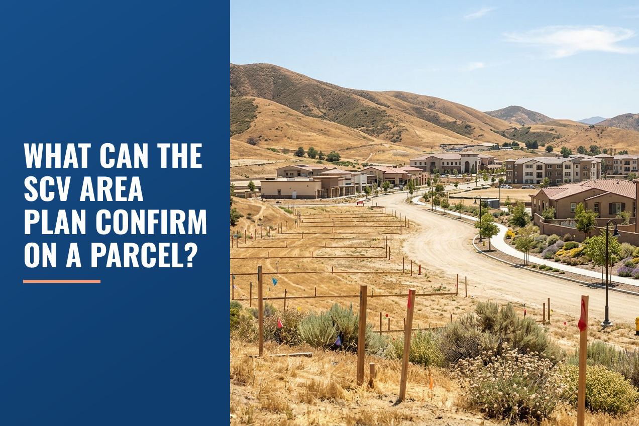 A dirt lot with wooden construction stakes and boundary markers in a Santa Clarita Valley development with hills, homes, and clear sky.