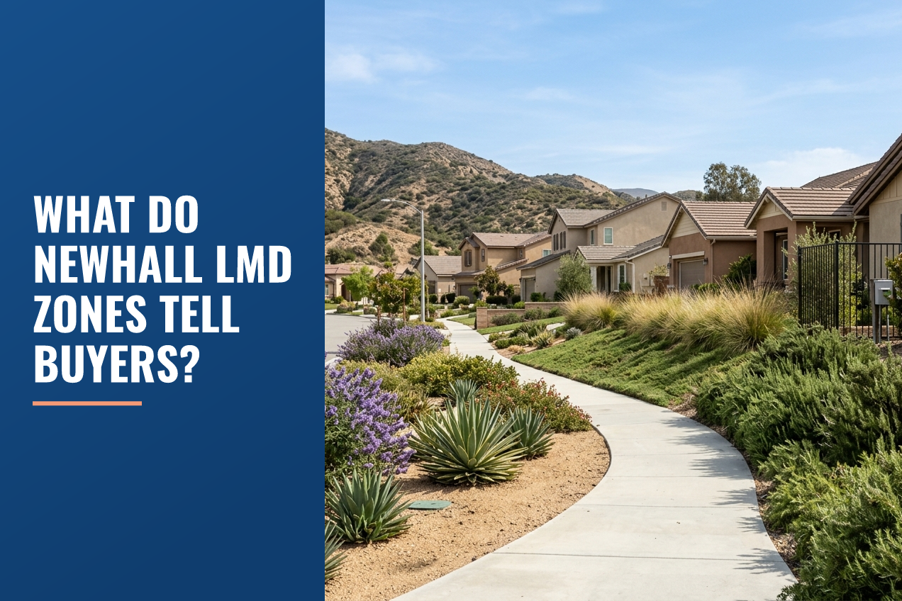 A curving concrete sidewalk in a Southern California residential area with drought-tolerant landscaping and foothills in the background.