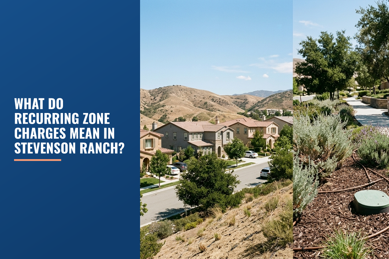 A high-angle view of Stevenson Ranch homes with drought-aware landscaping, featuring a green utility box in the foreground.