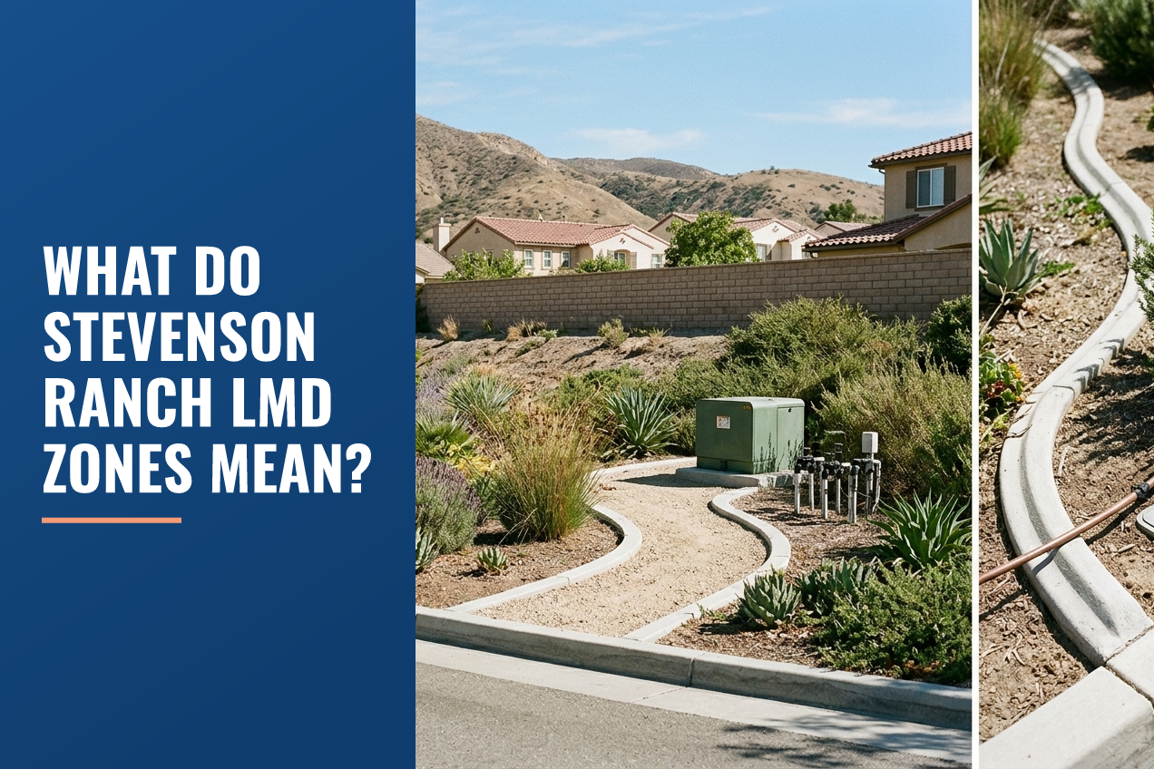 A split composition of a residential landscape with drought-tolerant plants, utility boxes, and suburban homes against hills.
