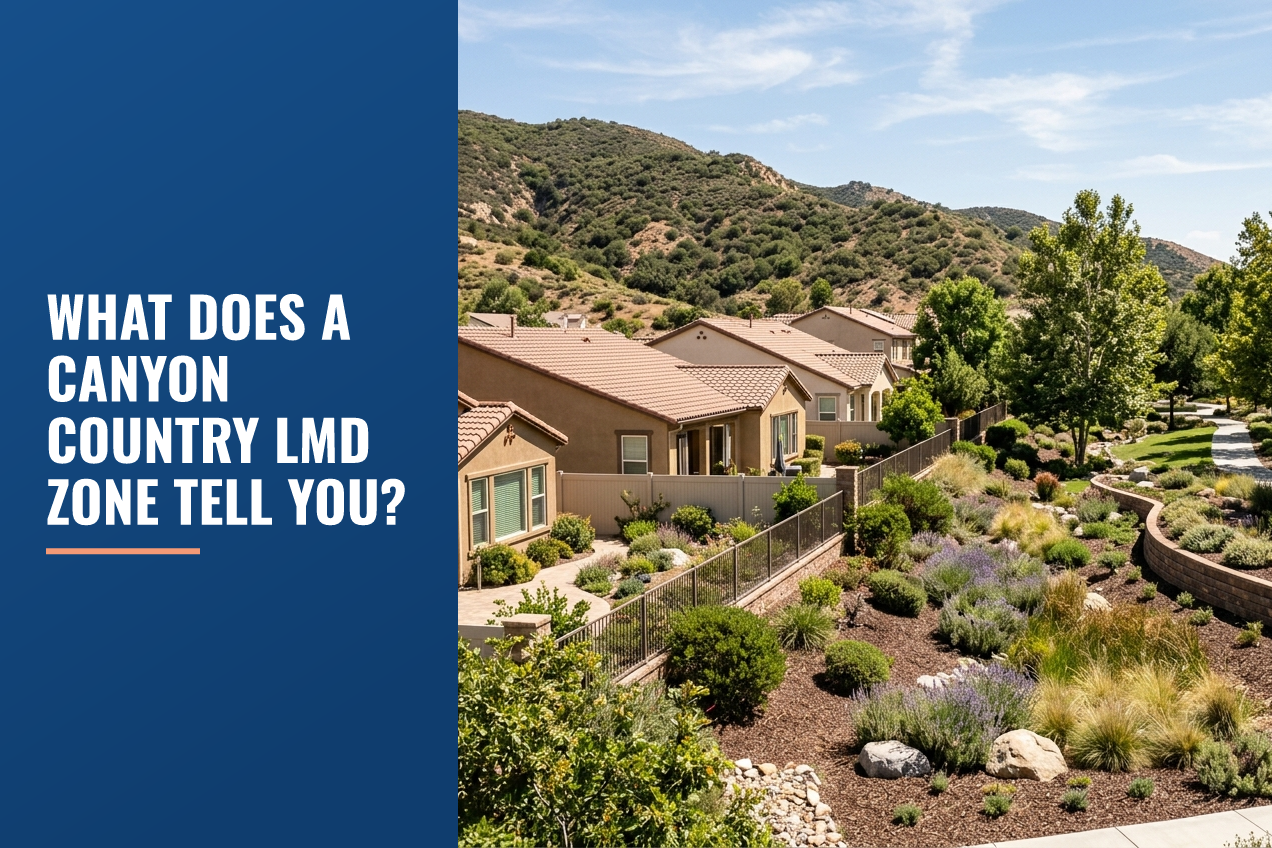 A landscape view of a Canyon Country residential area featuring stucco houses, drought-tolerant landscaping, and rolling hills.