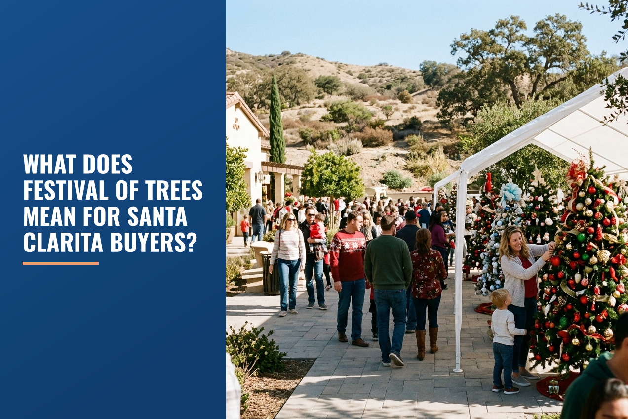 A outdoor community holiday festival with decorated Christmas trees under a white canopy in the Santa Clarita foothills.