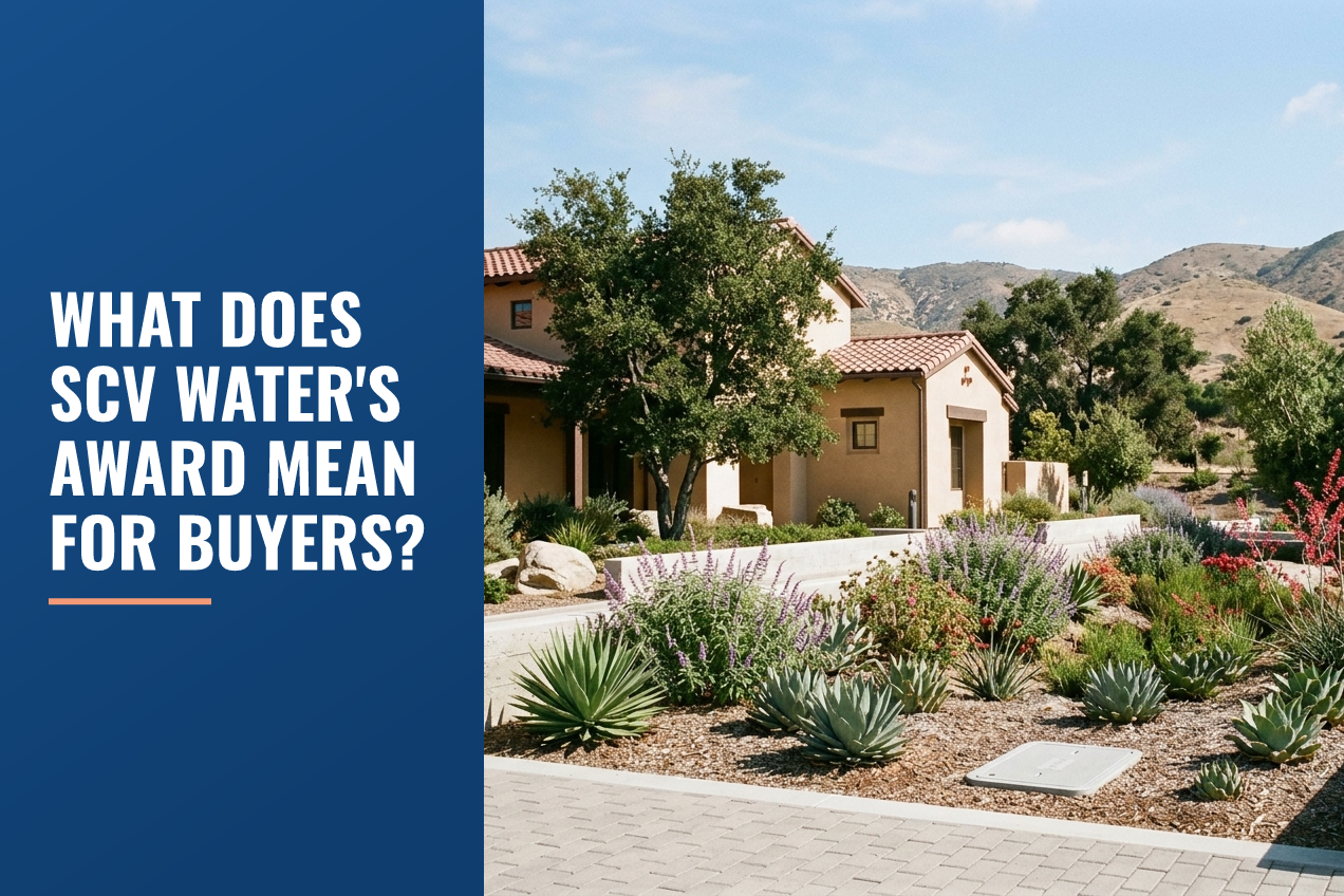 Drought-tolerant landscaping with succulents and native plants, concrete planters, and Santa Clarita-style architecture against foothills.