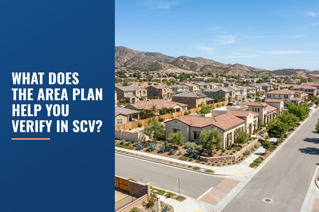 Aerial view of a Santa Clarita Valley neighborhood with stucco homes, tile roofs, drought-tolerant landscaping, and mountain foothills.