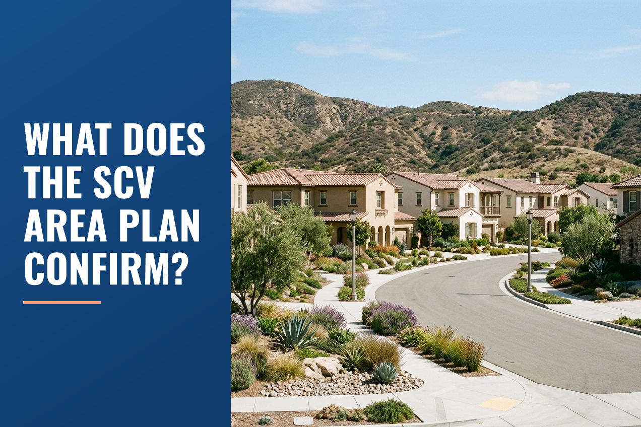 A quiet residential street in the Santa Clarita Valley with Spanish-style homes, drought-tolerant landscaping, and rolling hills in the background.